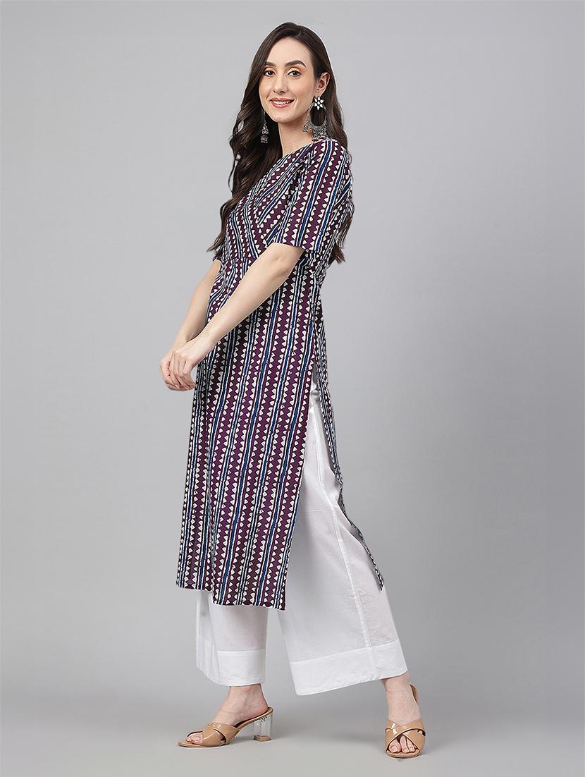 women purple geometric printed straight kurta - 21660496 - Standard Image - 3