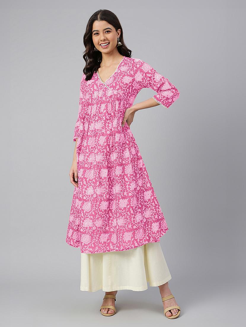 women three quarter sleeve a-line kurta - 21660498 - Standard Image - 3