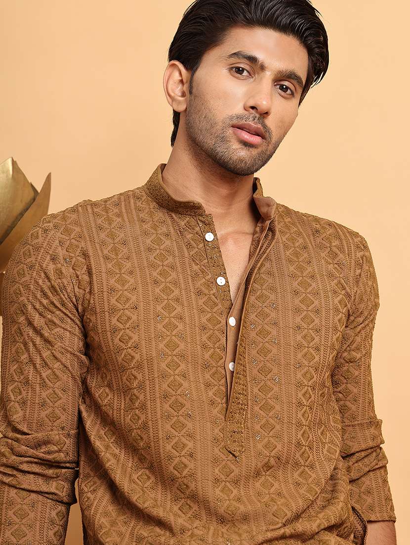 men embroidered mandarin neck long kurta - 21660524 -  Standard Image - 5