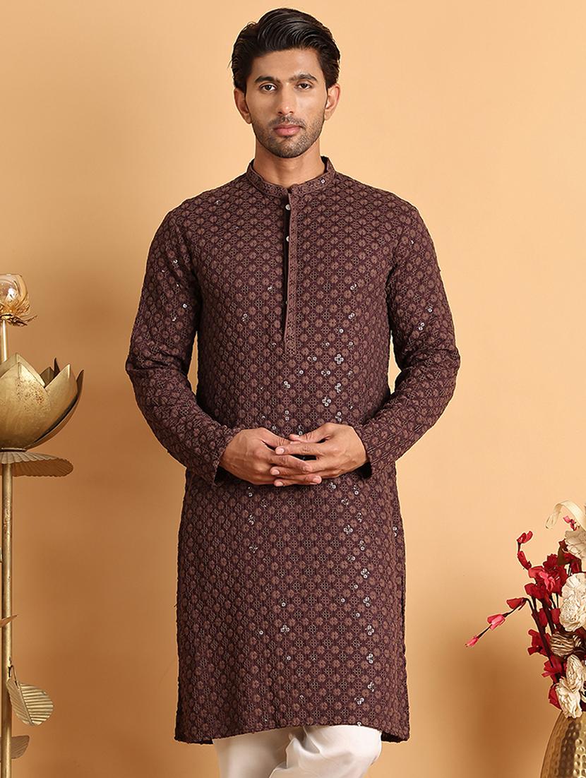 men embroidered mandarin neck long kurta - 21660529 - Zoom Image - 0