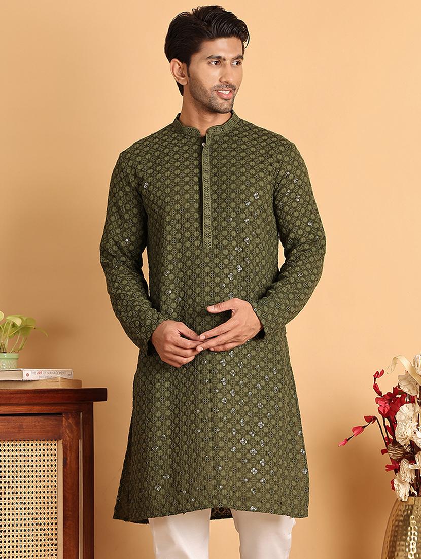 men embroidered mandarin neck long kurta - 21660532 -  Zoom Image - 0