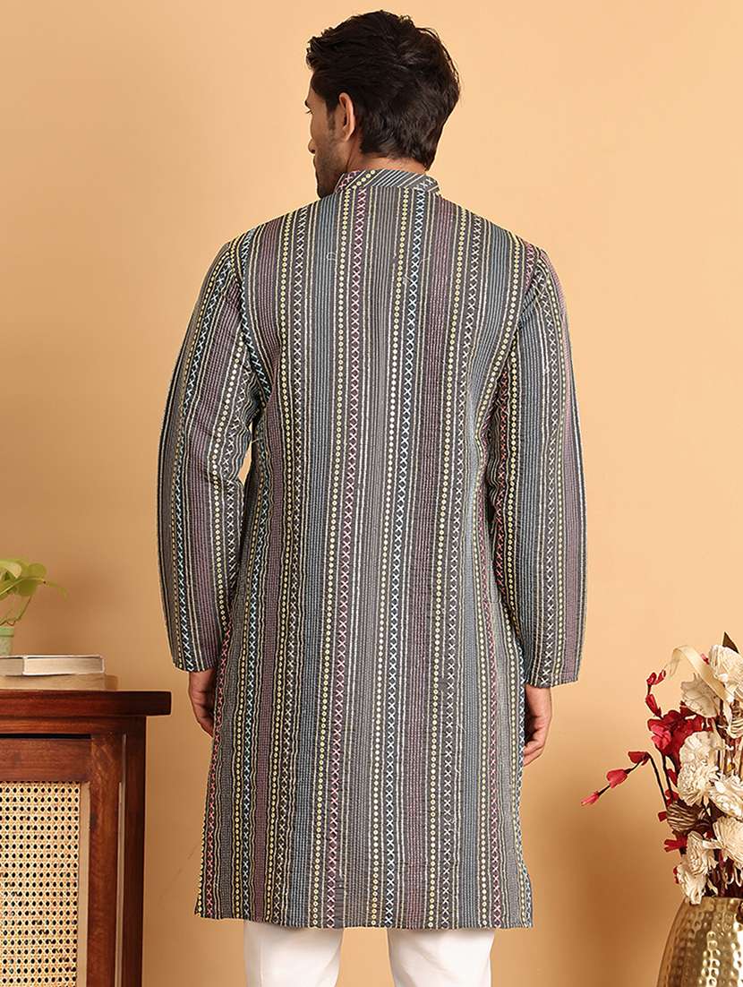 men embroidered mandarin neck long kurta - 21660538 -  Standard Image - 3