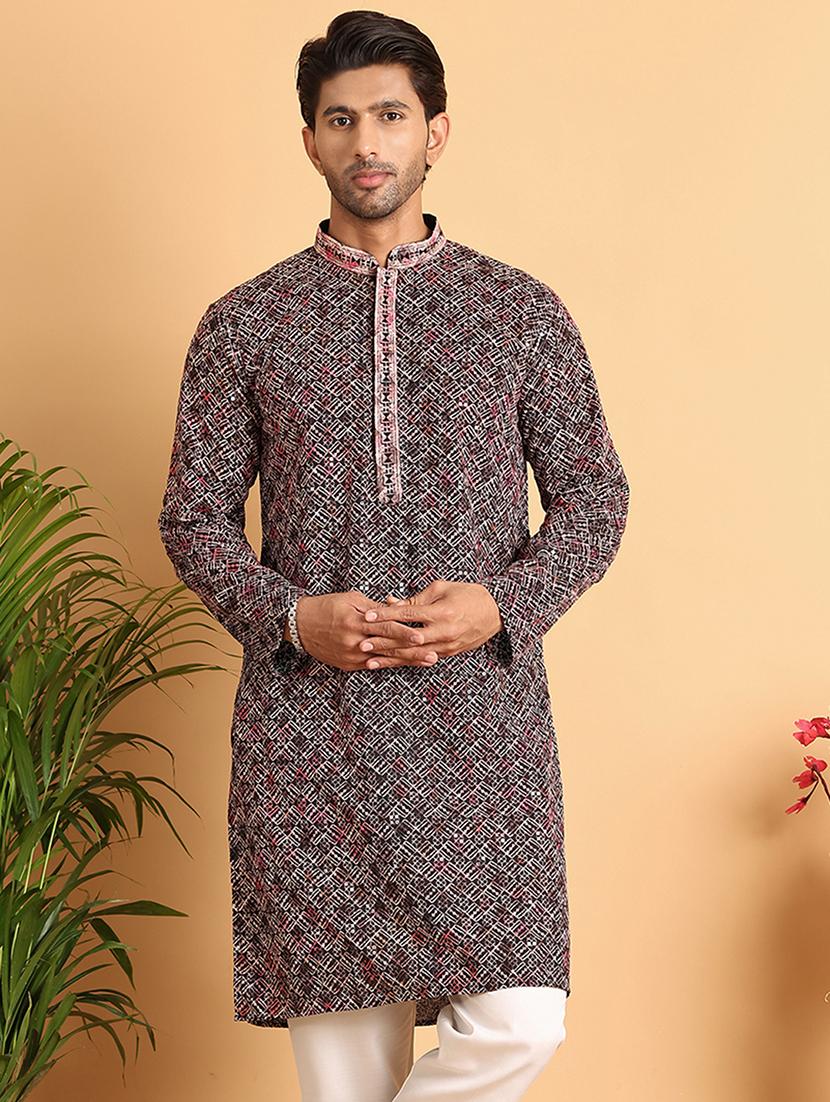men embroidered mandarin neck long kurta