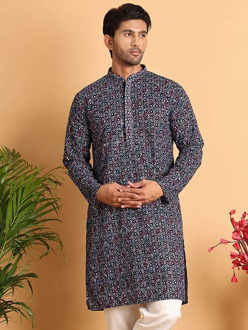 men embroidered mandarin neck long kurta - 21660541 -  Standard Image - 0