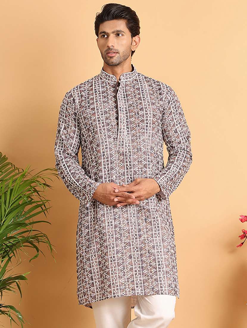 men embroidered mandarin neck long kurta - 21660545 -  Zoom Image - 0