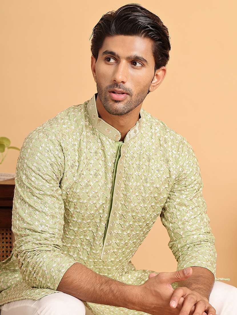 men embroidered mandarin neck long kurta - 21660548 -  Standard Image - 5