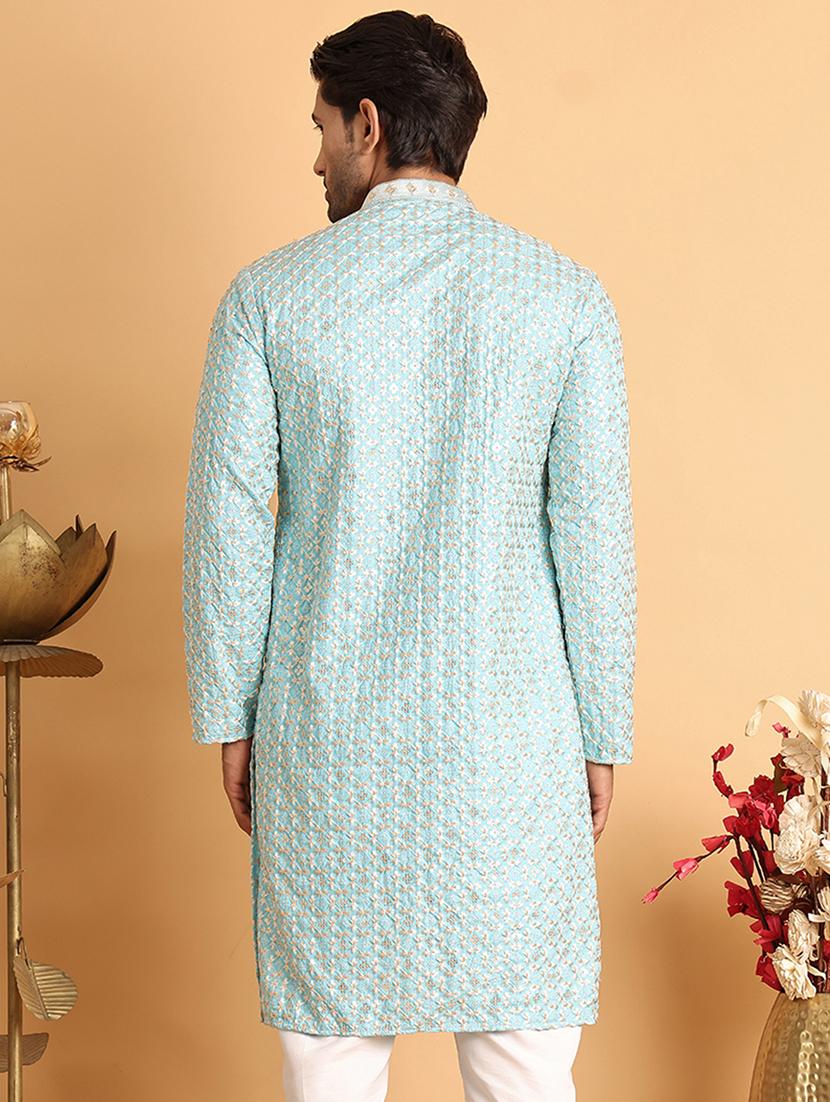 men embroidered mandarin neck long kurta - 21660551 - Standard Image - 3