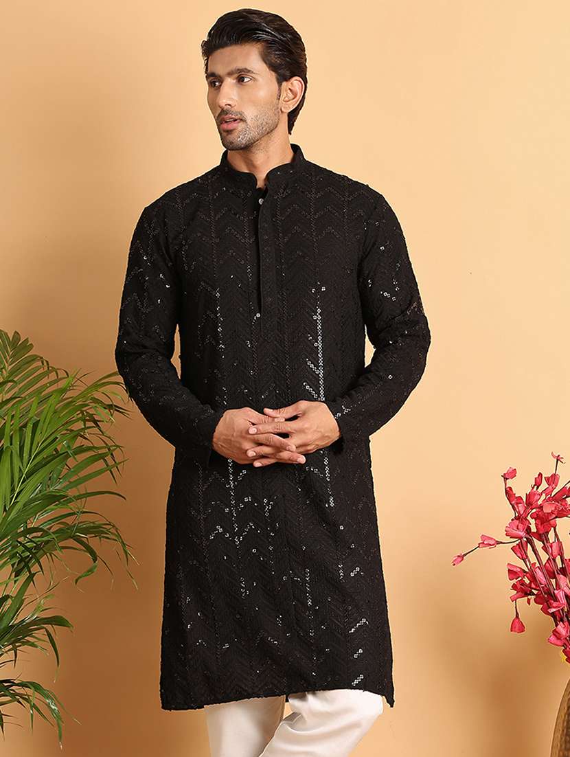 men sequin work mandarin neck long kurta - 21660555 -  Zoom Image - 0