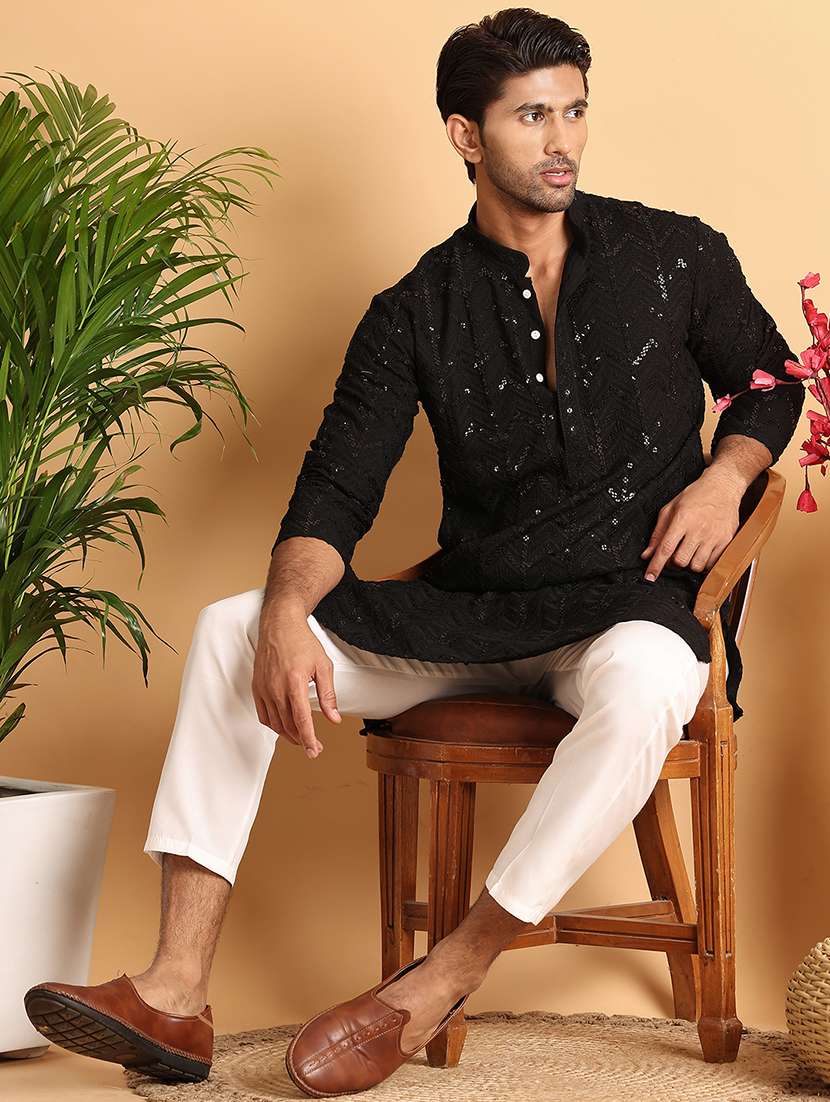 men sequin work mandarin neck long kurta - 21660555 -  Standard Image - 3