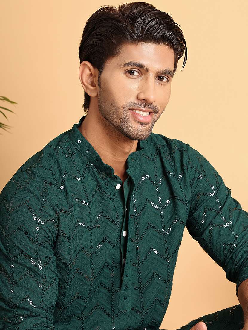 men sequin work mandarin neck long kurta - 21660558 -  Standard Image - 5