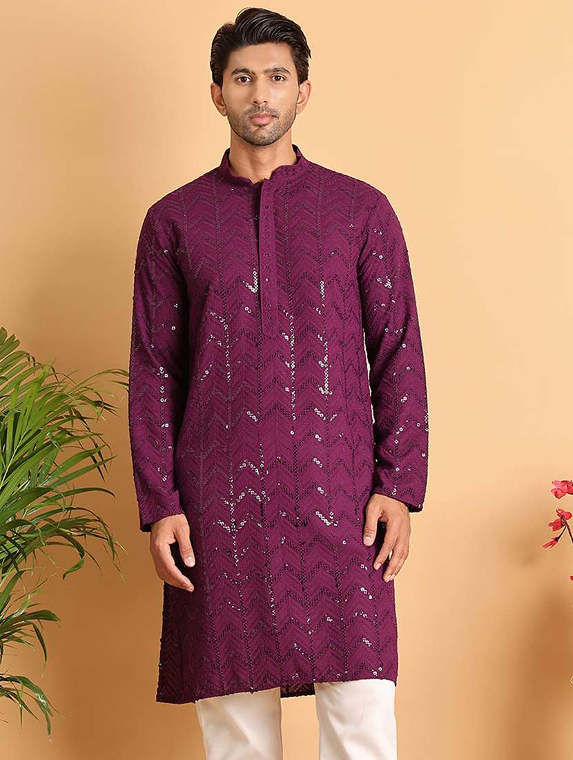 men sequin work mandarin neck long kurta - 21660559 -  Zoom Image - 0