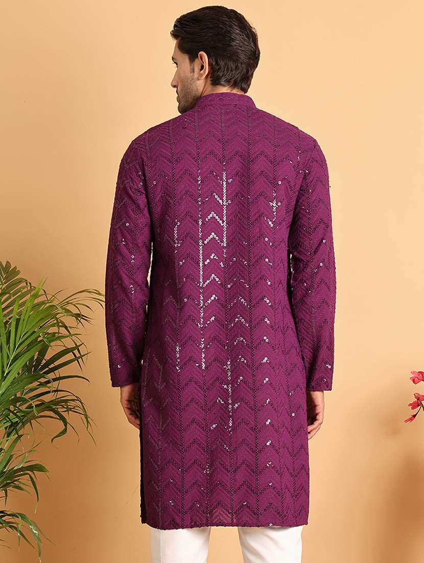 men sequin work mandarin neck long kurta - 21660559 -  Standard Image - 3