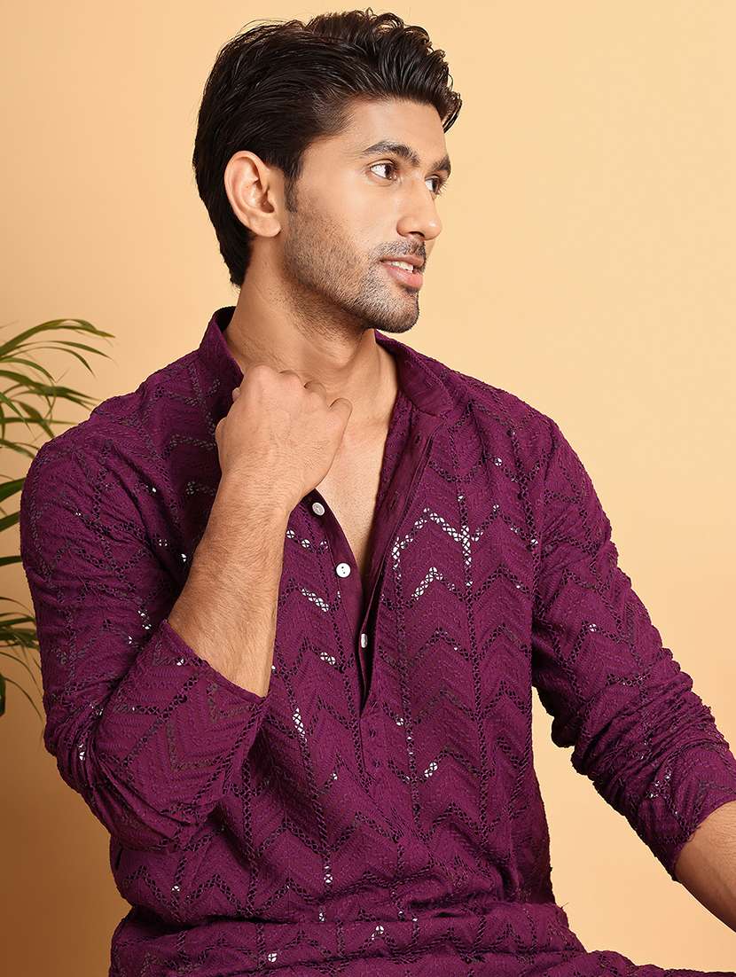men sequin work mandarin neck long kurta - 21660559 -  Standard Image - 5