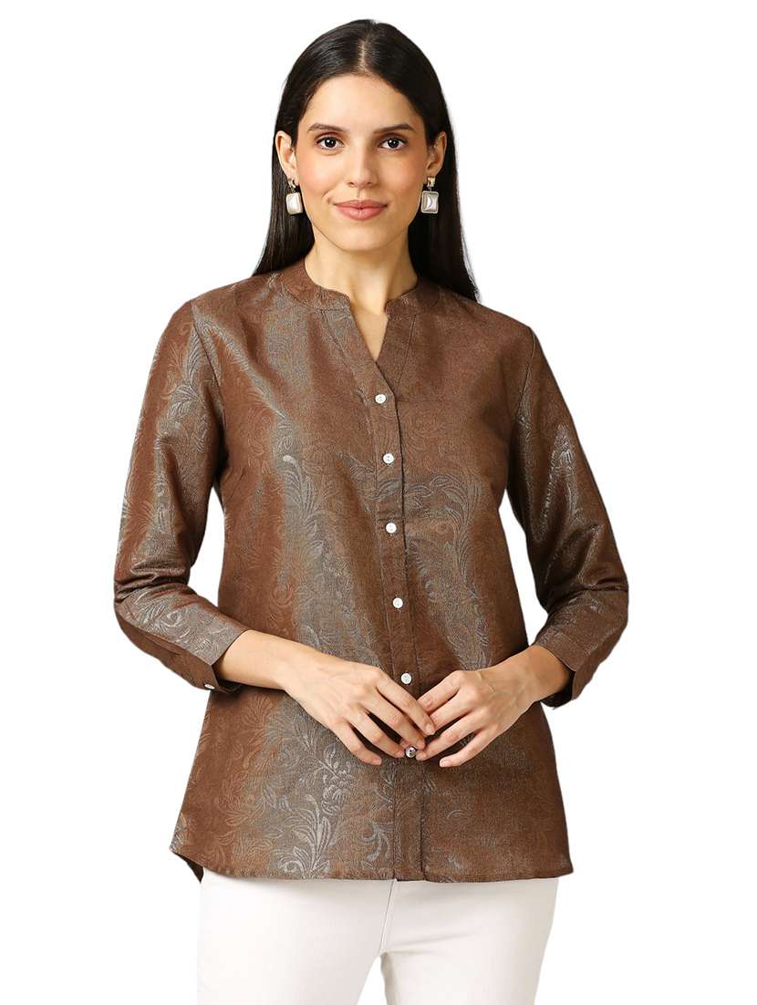 women self design mandarin neck regualr shirt - 21660625 -  Zoom Image - 0