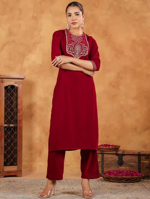 women red three quarter sleeve kurta pant set - 21660743 -  Standard Image - 0