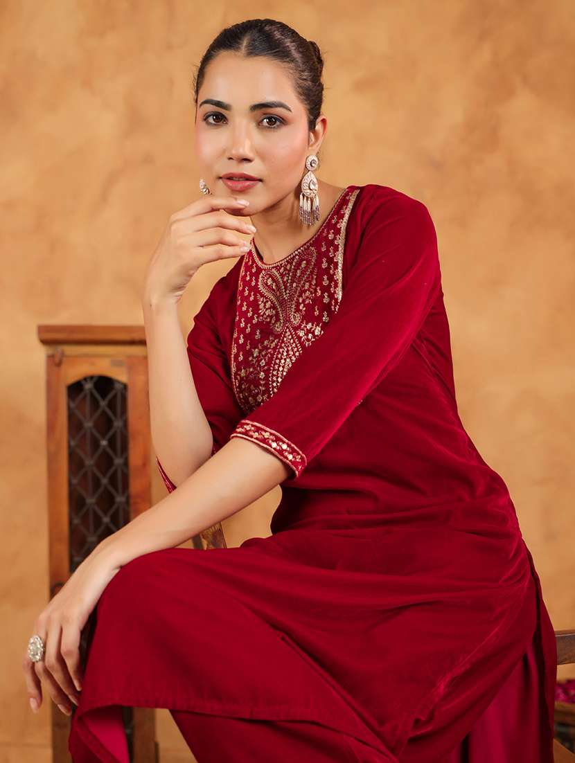 women red three quarter sleeve kurta pant set - 21660743 -  Standard Image - 5