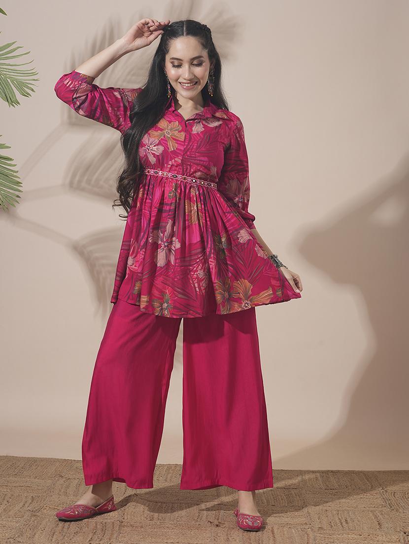 globus women pink shirt collar tropical print peplum style tunic with palazzos & embroidered belt fusion co-ord set - 21660757 - Zoom Image - 0