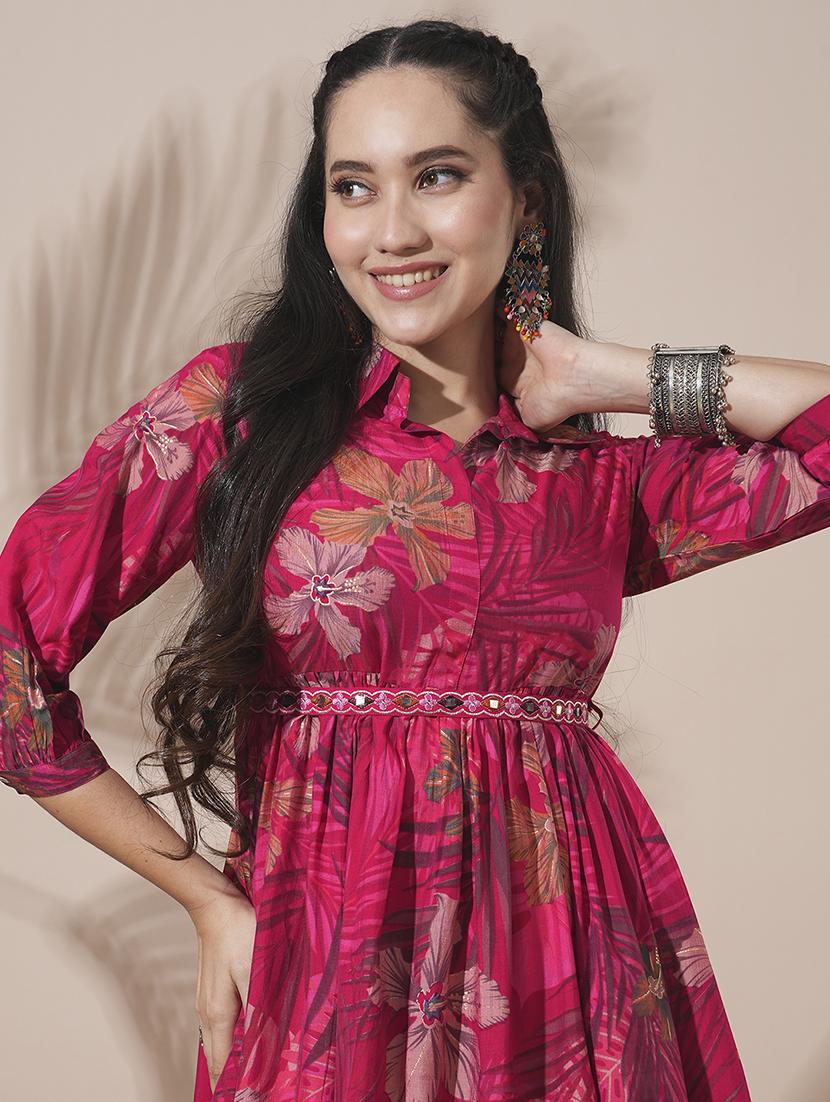 globus women pink shirt collar tropical print peplum style tunic with palazzos & embroidered belt fusion co-ord set - 21660757 - Standard Image - 3