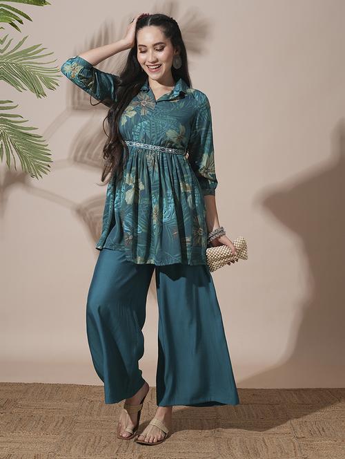 globus women teal shirt collar tropical print peplum style tunic with palazzos & embroidered belt fusion co-ord set - 21660758 -  Standard Image - 0