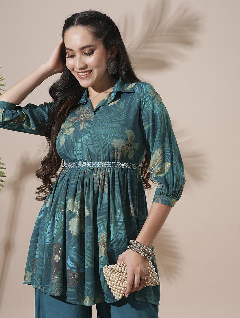 globus women teal shirt collar tropical print peplum style tunic with palazzos & embroidered belt fusion co-ord set - 21660758 - Standard Image - 3