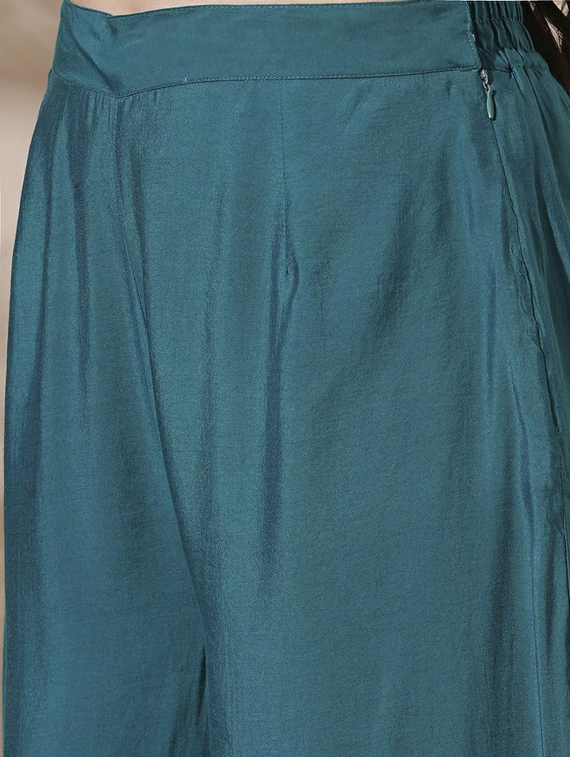 globus women teal shirt collar tropical print peplum style tunic with palazzos & embroidered belt fusion co-ord set - 21660758 - Standard Image - 5