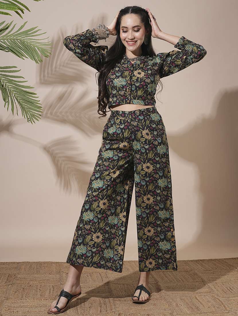 globus women black frilled v-neck floral print shirt style crop top with partially elasticated palazzos fusion co-ord set - 21660759 - Zoom Image - 0
