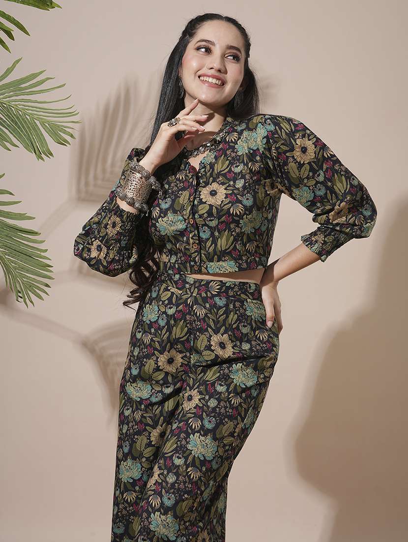 globus women black frilled v-neck floral print shirt style crop top with partially elasticated palazzos fusion co-ord set - 21660759 - Standard Image - 3