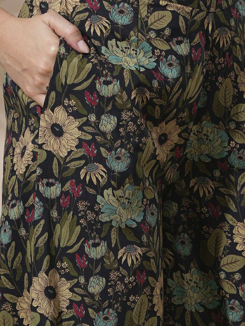 globus women black frilled v-neck floral print shirt style crop top with partially elasticated palazzos fusion co-ord set - 21660759 - Standard Image - 5