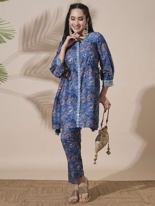 globus women blue round neck floral print drawstring detail tunic with mid-rise narrow pants fusion co-ord set - 21660760 -  Standard Image - 0