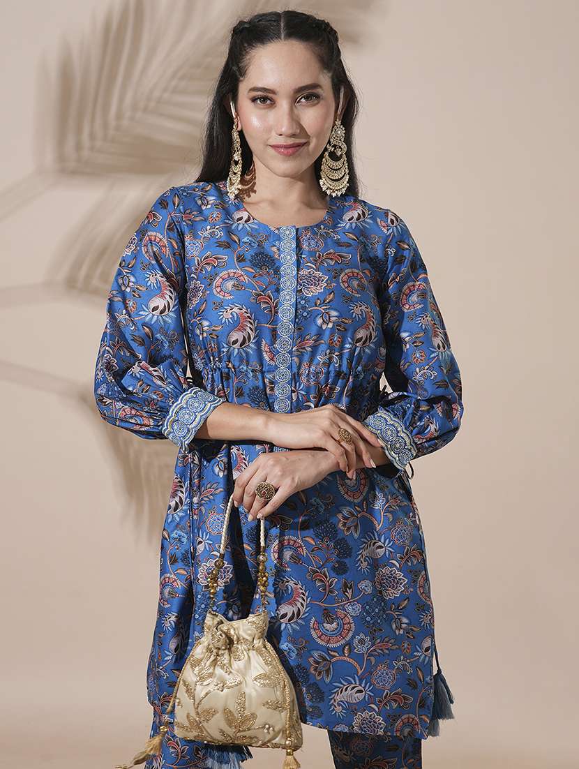 globus women blue round neck floral print drawstring detail tunic with mid-rise narrow pants fusion co-ord set - 21660760 - Standard Image - 3