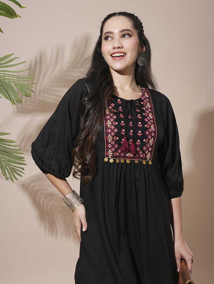 globus women black embroidered yoke tie-up detailing bishop sleeves gathered a-line mini workwear dress - 21660761 - Zoom Image - 0