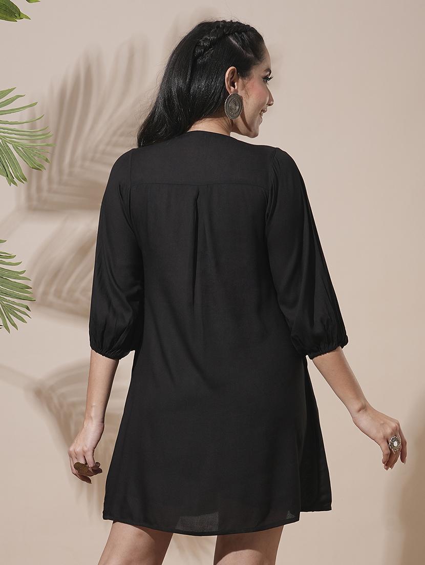 globus women black embroidered yoke tie-up detailing bishop sleeves gathered a-line mini workwear dress - 21660761 - Standard Image - 3