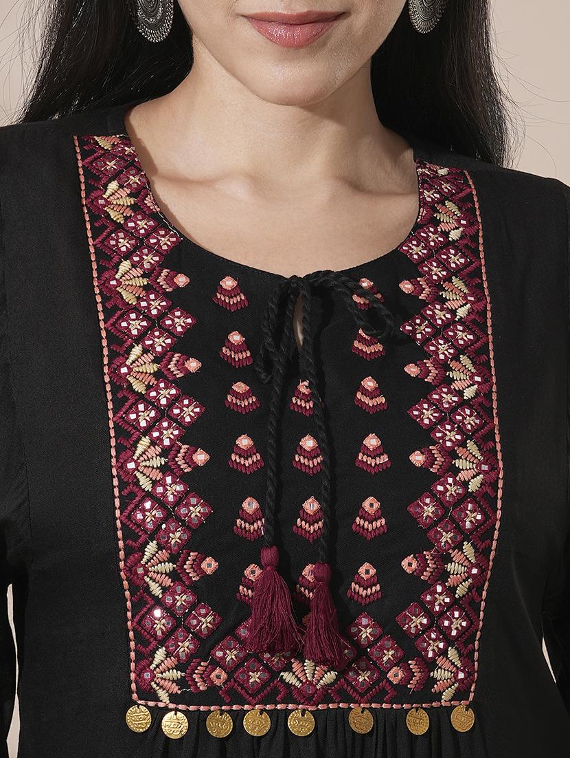 globus women black embroidered yoke tie-up detailing bishop sleeves gathered a-line mini workwear dress - 21660761 - Standard Image - 5
