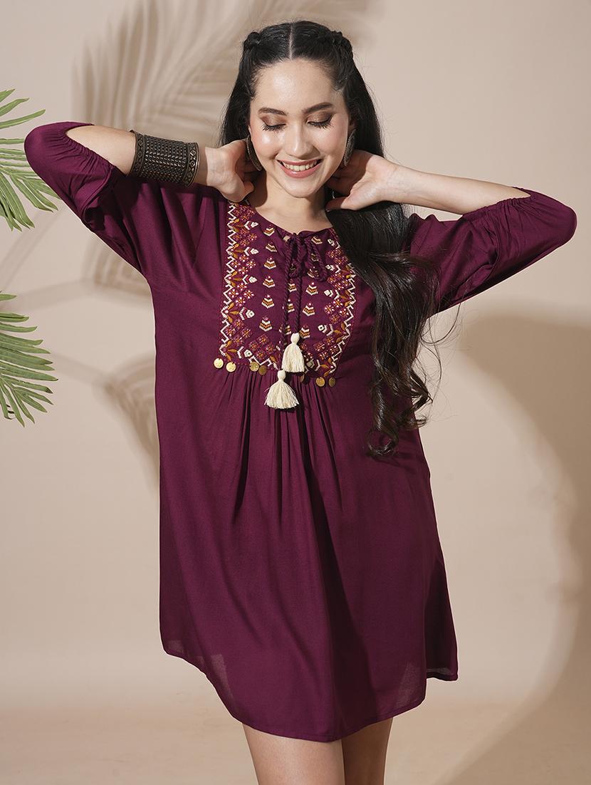 globus women burgundy embroidered yoke tie-up detailing bishop sleeves gathered a-line mini workwear dress - 21660762 - Zoom Image - 0