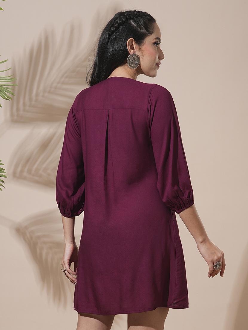 globus women burgundy embroidered yoke tie-up detailing bishop sleeves gathered a-line mini workwear dress - 21660762 - Standard Image - 3