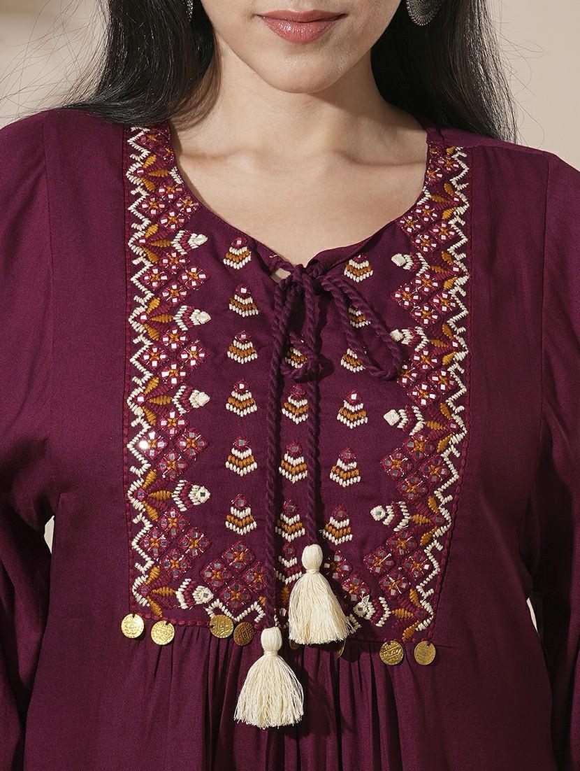 globus women burgundy embroidered yoke tie-up detailing bishop sleeves gathered a-line mini workwear dress - 21660762 - Standard Image - 5