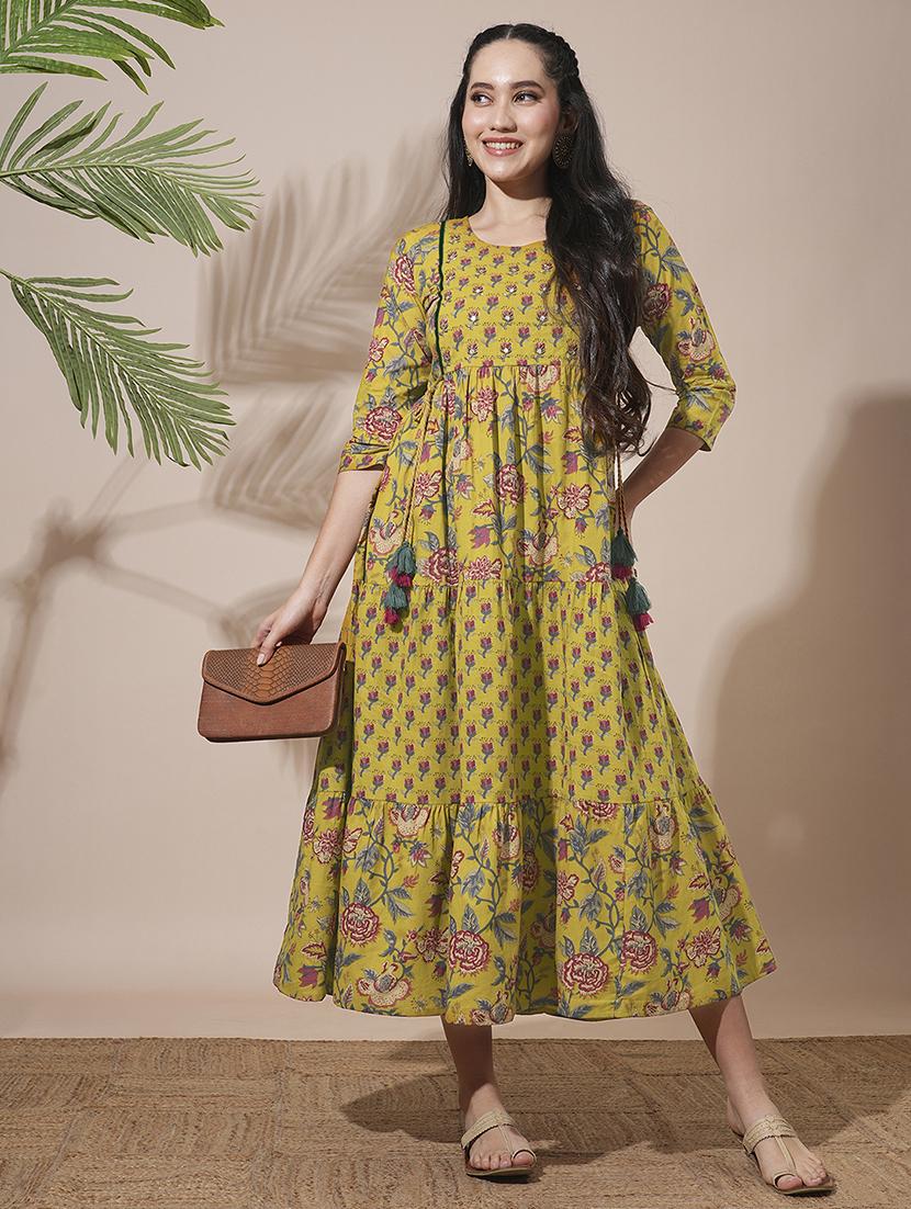 globus women yellow allover floral printed abla work waist tie-up detailing a-line tiered midi workwear dress - 21660764 - Zoom Image - 0