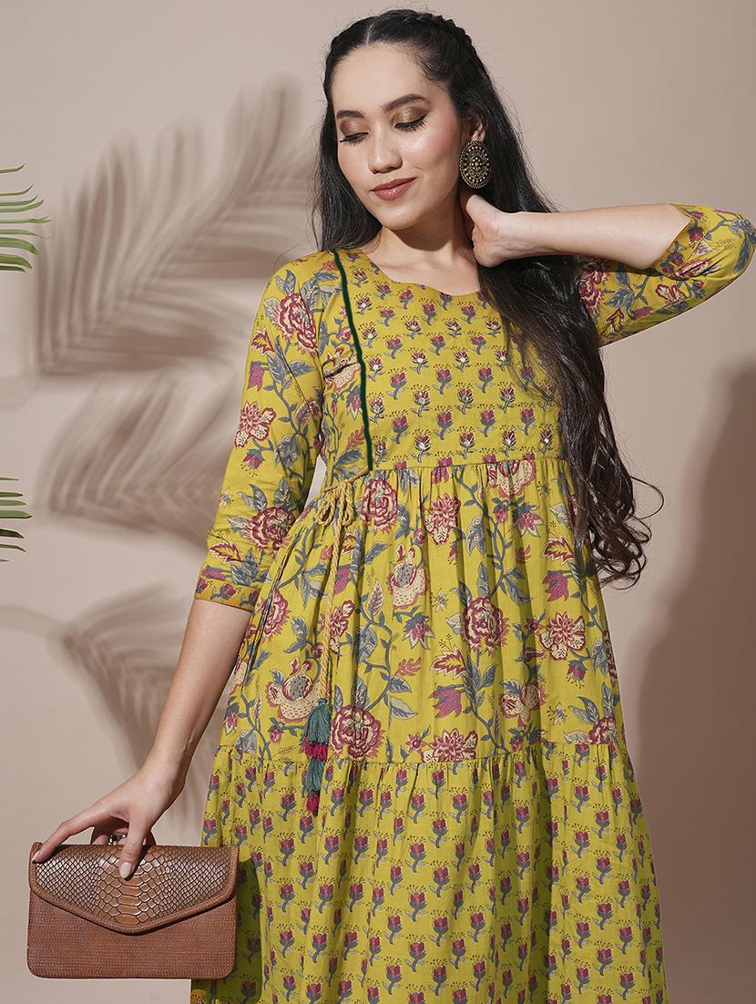 globus women yellow allover floral printed abla work waist tie-up detailing a-line tiered midi workwear dress - 21660764 - Standard Image - 5