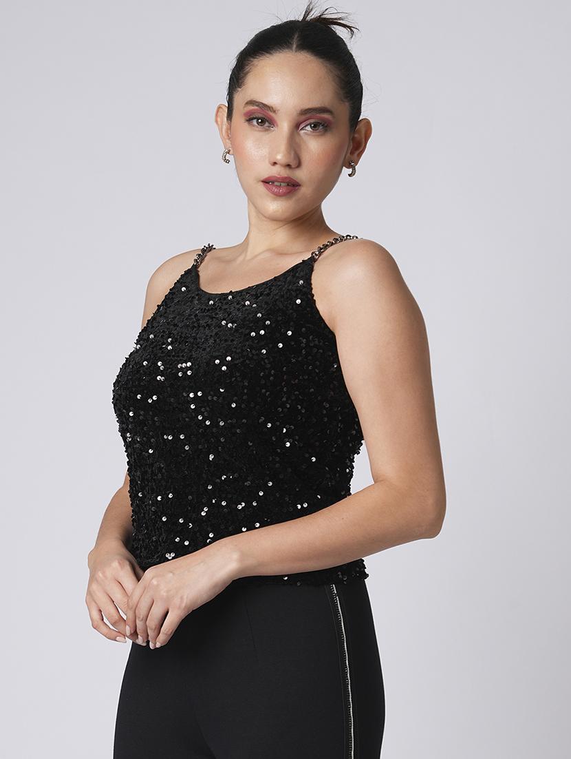 globus women black round neck chain shoulder straps sequinned velvet party top - 21660773 -  Zoom Image - 0