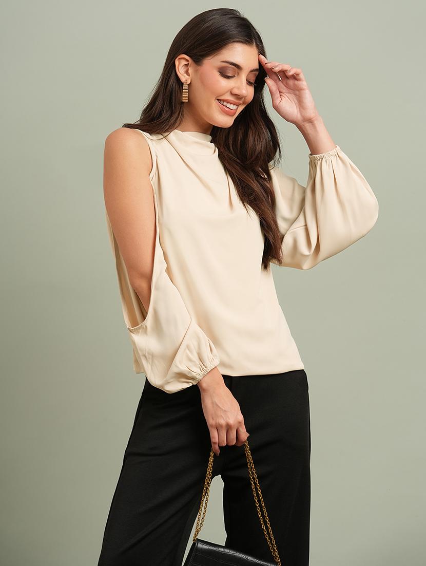 globus women khaki cowl neck cold shoulder bishop sleeves solid pleat detail party top - 21660774 -  Zoom Image - 0