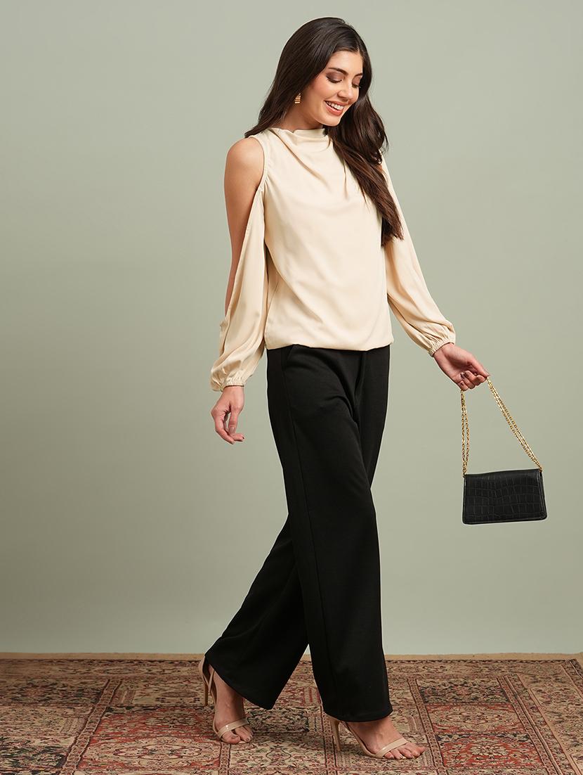 globus women khaki cowl neck cold shoulder bishop sleeves solid pleat detail party top - 21660774 - Standard Image - 3