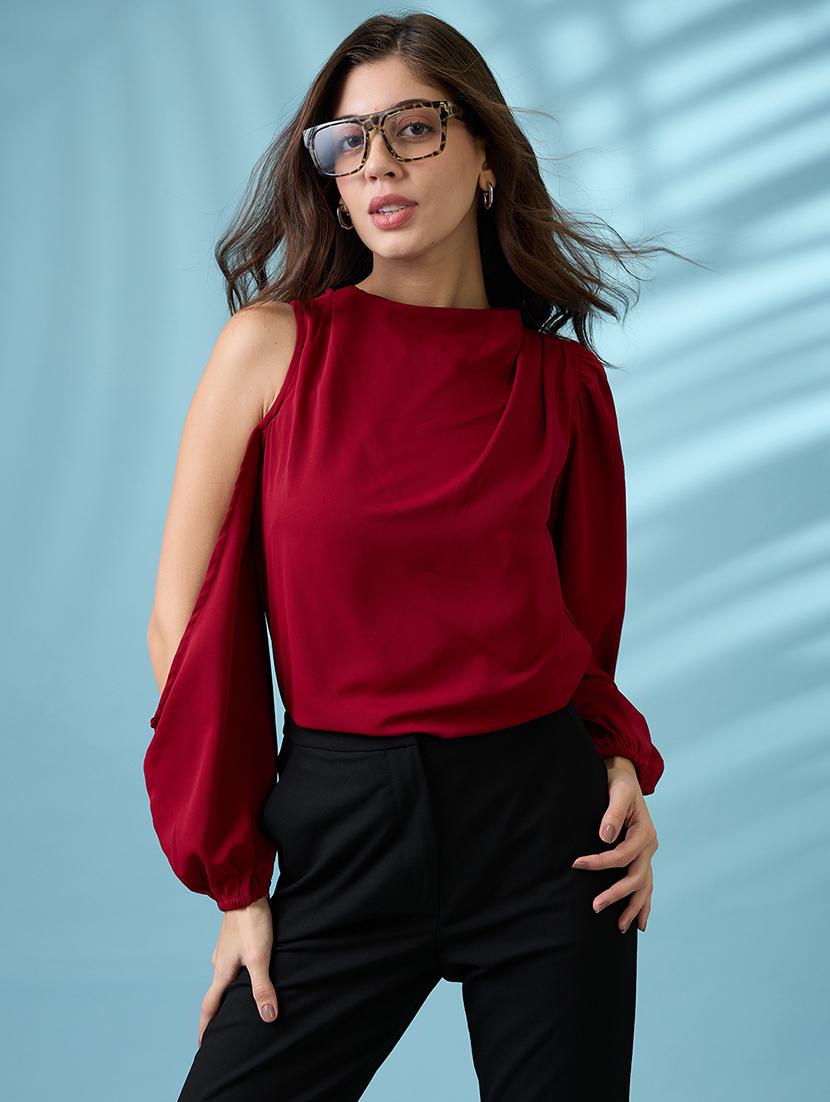 globus women maroon cowl neck cold shoulder bishop sleeves solid pleat detail party top - 21660775 - Zoom Image - 0