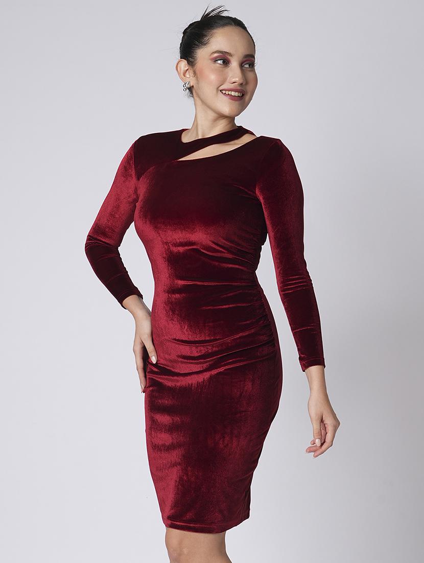 globus women maroon round neck long sleeves cut-out detail velvet knee length bodycon party dress - 21660776 -  Zoom Image - 0