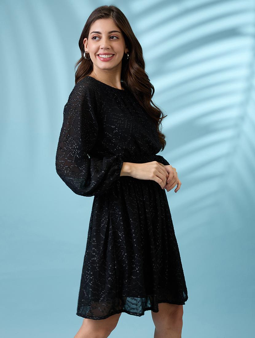 globus women black bishop sleeves self design georgette sheen smocked mini fit & flare party dress - 21660781 - Standard Image - 3