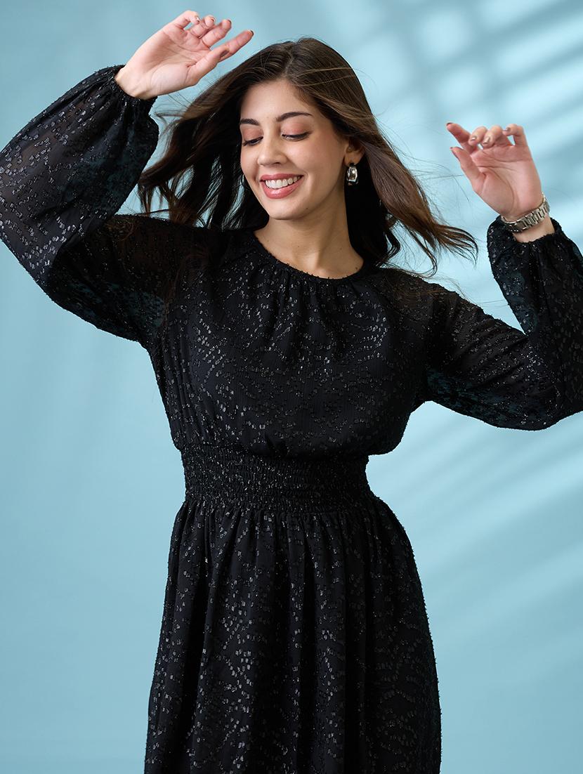 globus women black bishop sleeves self design georgette sheen smocked mini fit & flare party dress - 21660781 - Standard Image - 5