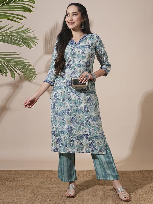 globus women green floral print v-neck straight kurta with elasticated waist pant workwear set - 21660785 -  Standard Image - 0
