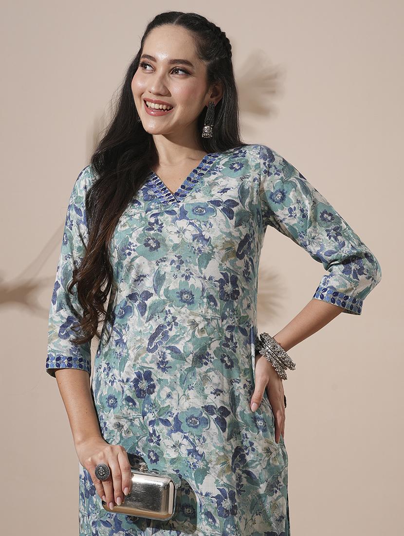 globus women green floral print v-neck straight kurta with elasticated waist pant workwear set - 21660785 - Standard Image - 3