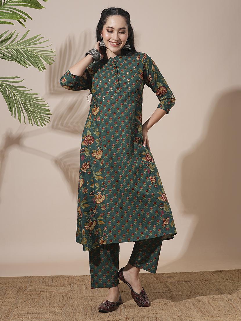 globus women green floral print mandarin neck panelled a-line kurta with elasticated waist pant workwear sets - 21660787 - Zoom Image - 0