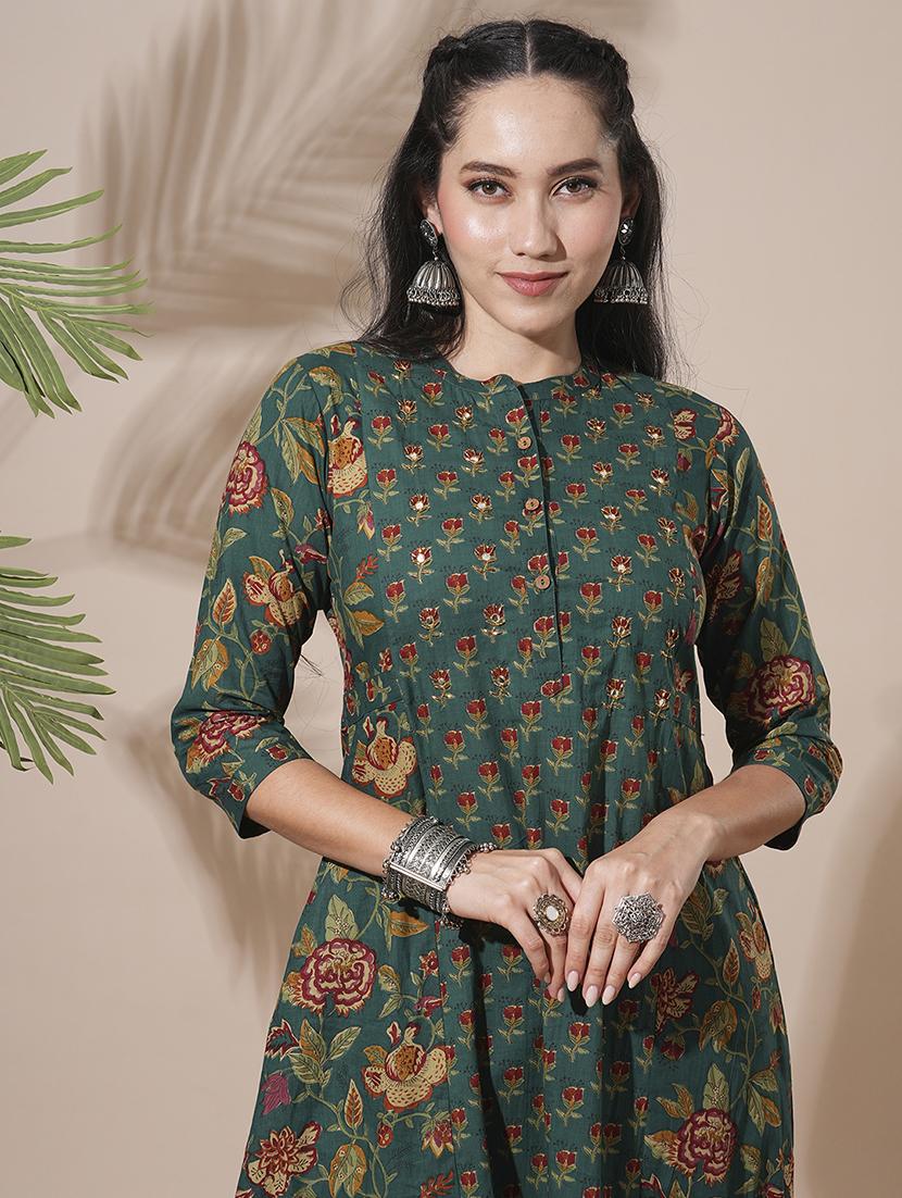 globus women green floral print mandarin neck panelled a-line kurta with elasticated waist pant workwear sets - 21660787 - Standard Image - 3