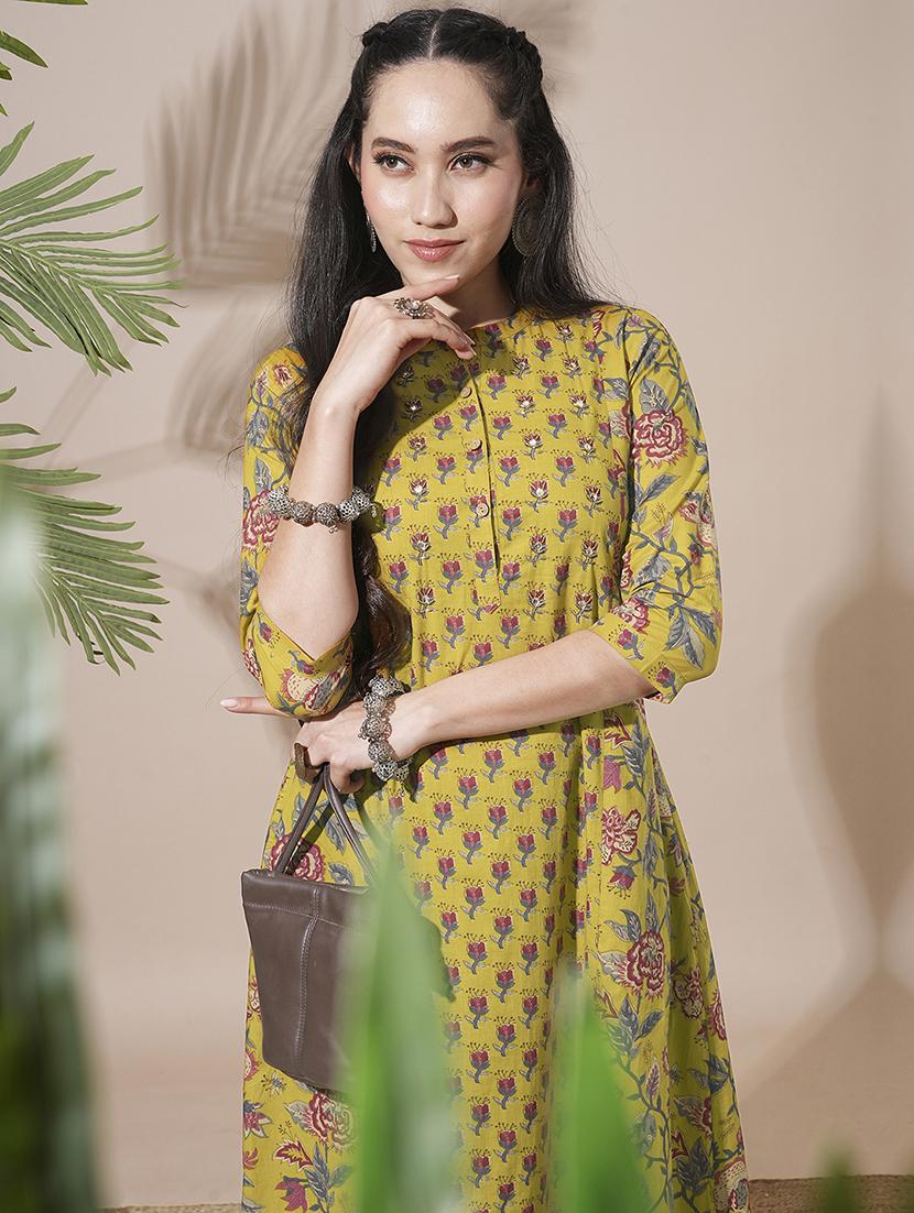 globus women green floral print mandarin neck panelled a-line kurta with elasticated waist pant workwear sets - 21660788 - Standard Image - 5